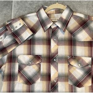 Roper Western Shirt Mens Large L Tan Brown Plaid Pearl Snap Long Sleeve Cowboy
